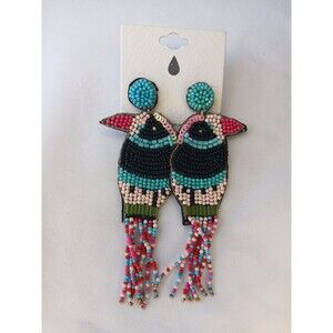 Hand-Beaded Earrings Tucan Bird Design 4" Dangle Pierced Ear New